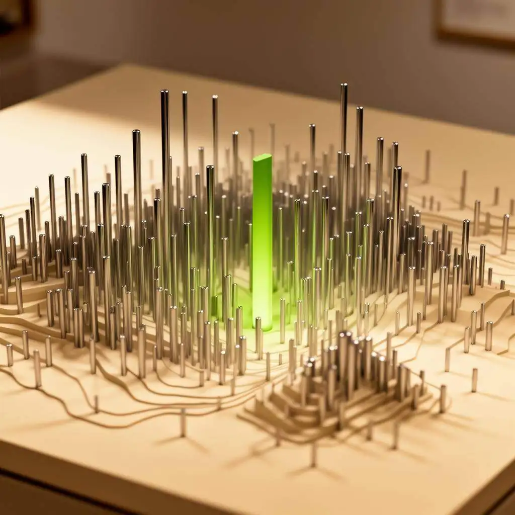 Sculptural array of chrome rods with single chartreuse element — Krutash intelligence engine
