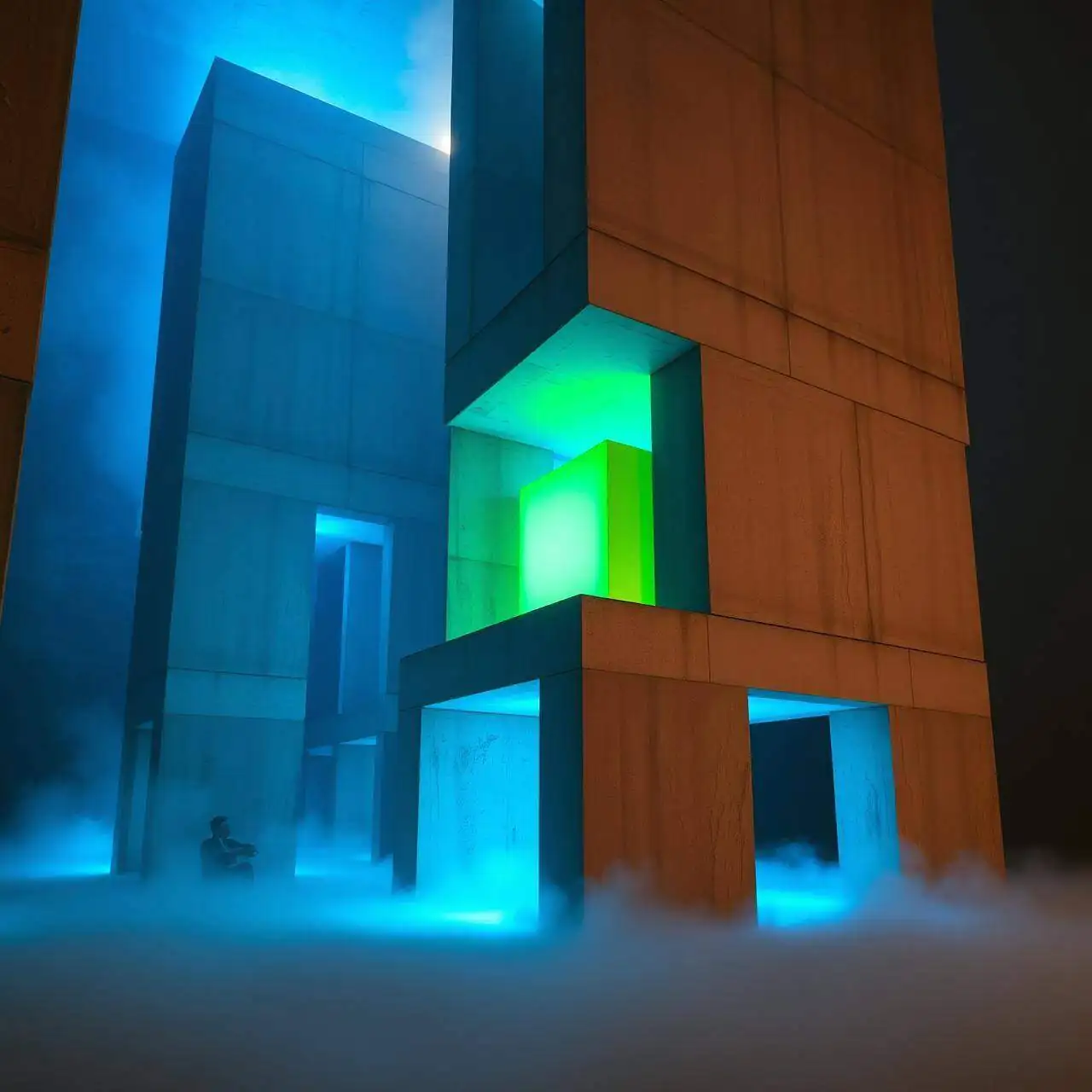 Stacked concrete monoliths in cool blue light with chartreuse cube — Krutash solutions